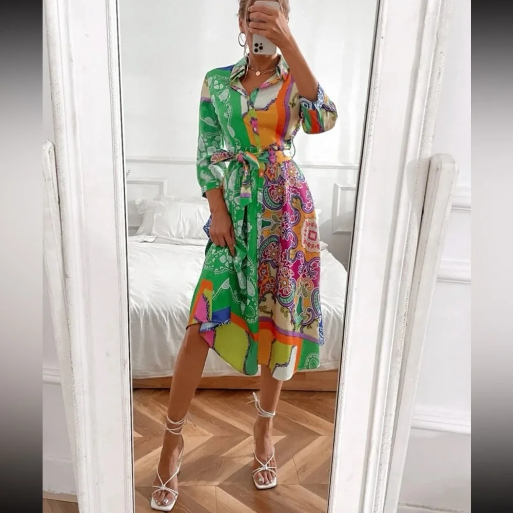 Boho floral print belted shirt dress - Picture 4 of 6